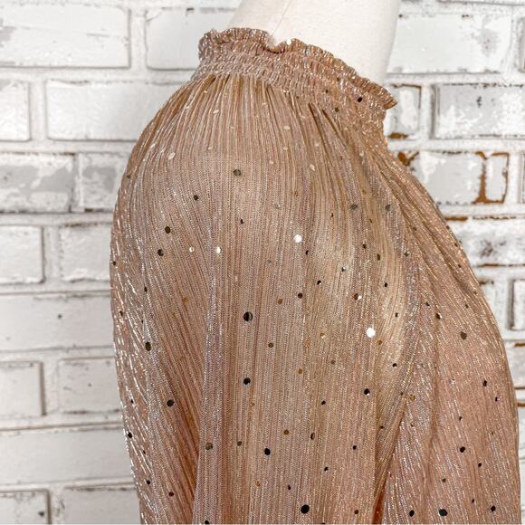 Nina Leonard Rose Gold Metallic Chiffon Sheer Mock Neck Cocktail Midi Dress - Picture 14 of 16